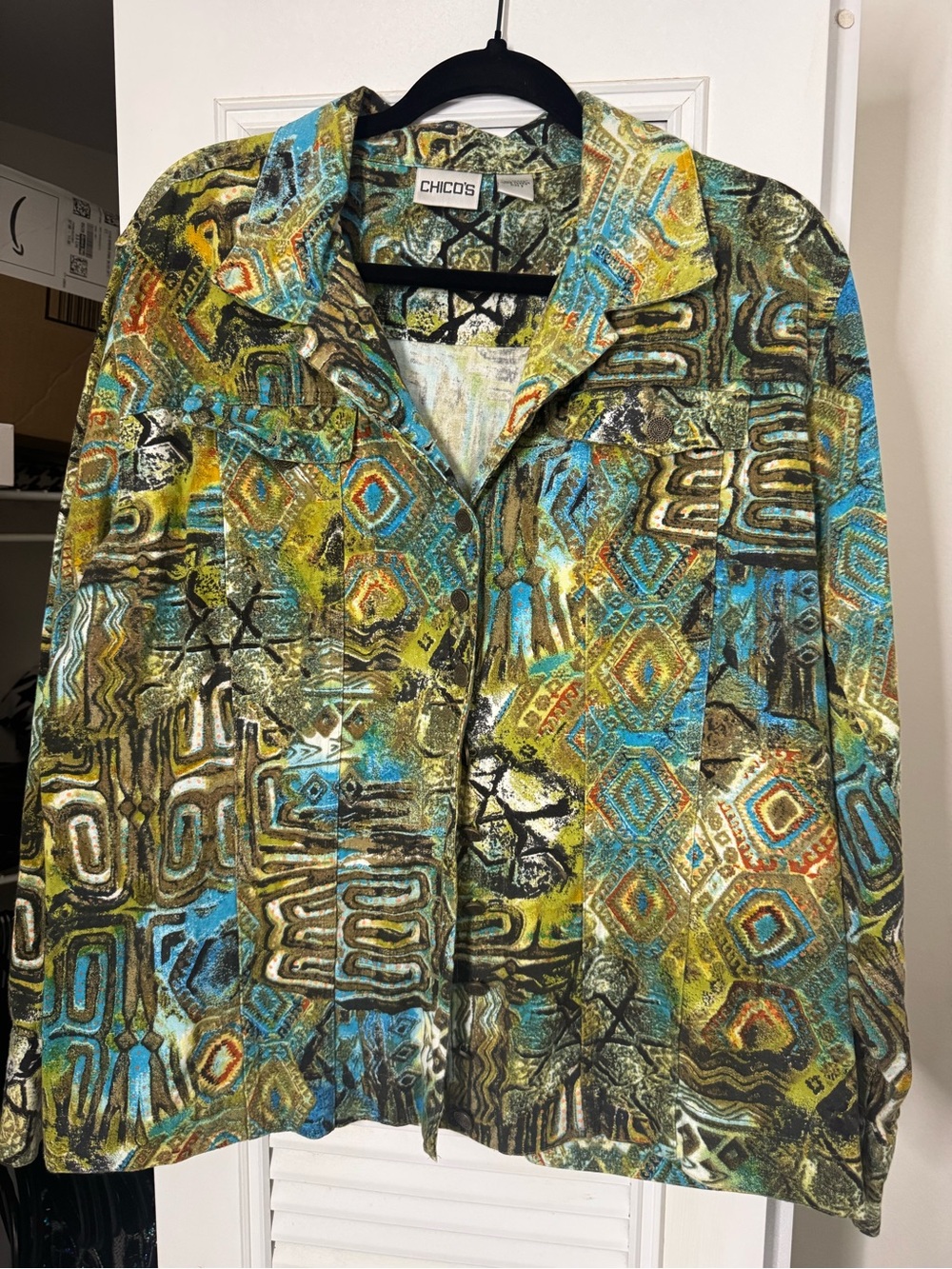 Chico's 3 Multicolor Abstract Print Jacket in Teal, Olive & Gold